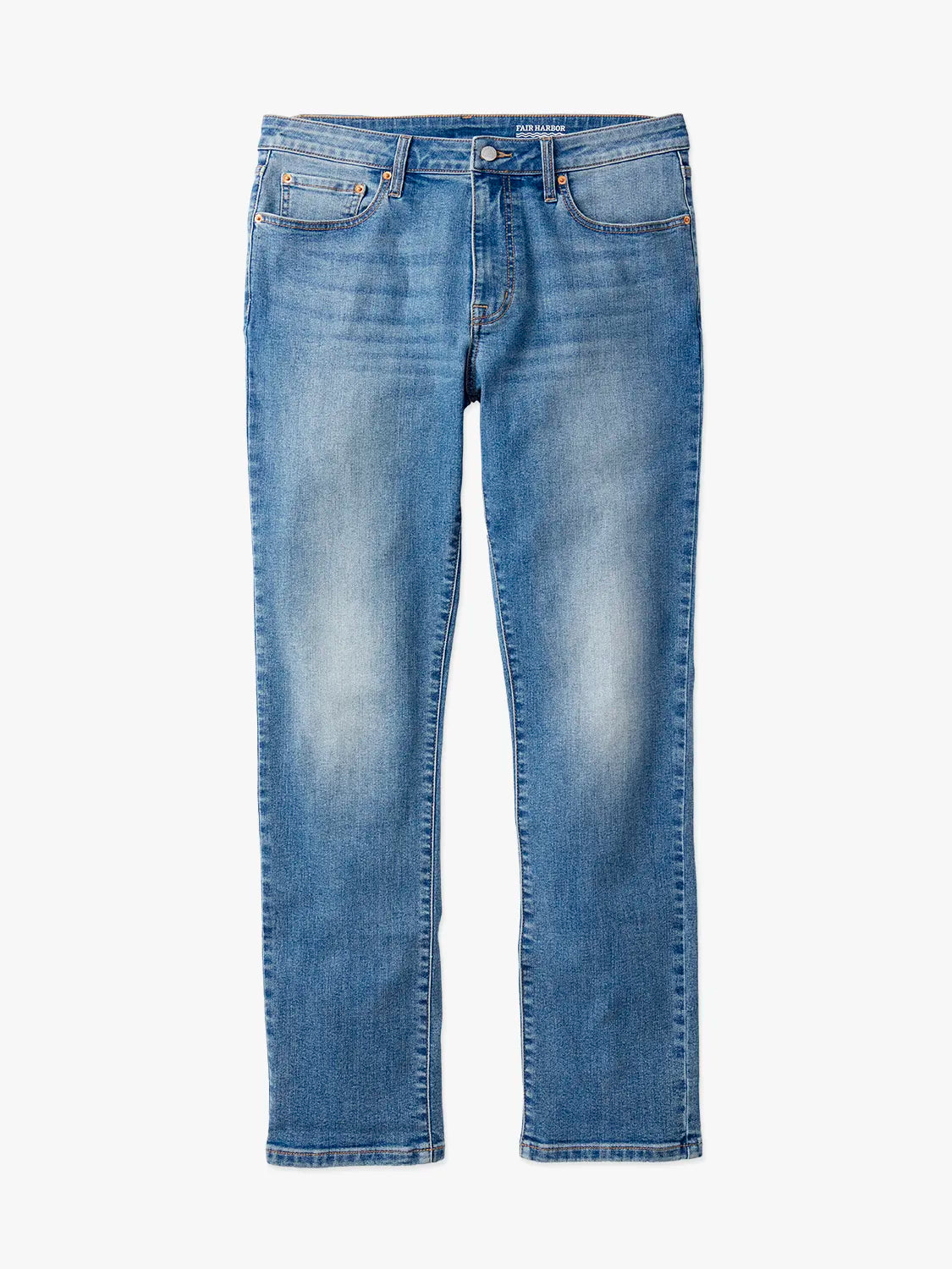 A pair of men's straight-fit blue denim jeans with a 5-pocket design on a white background. 