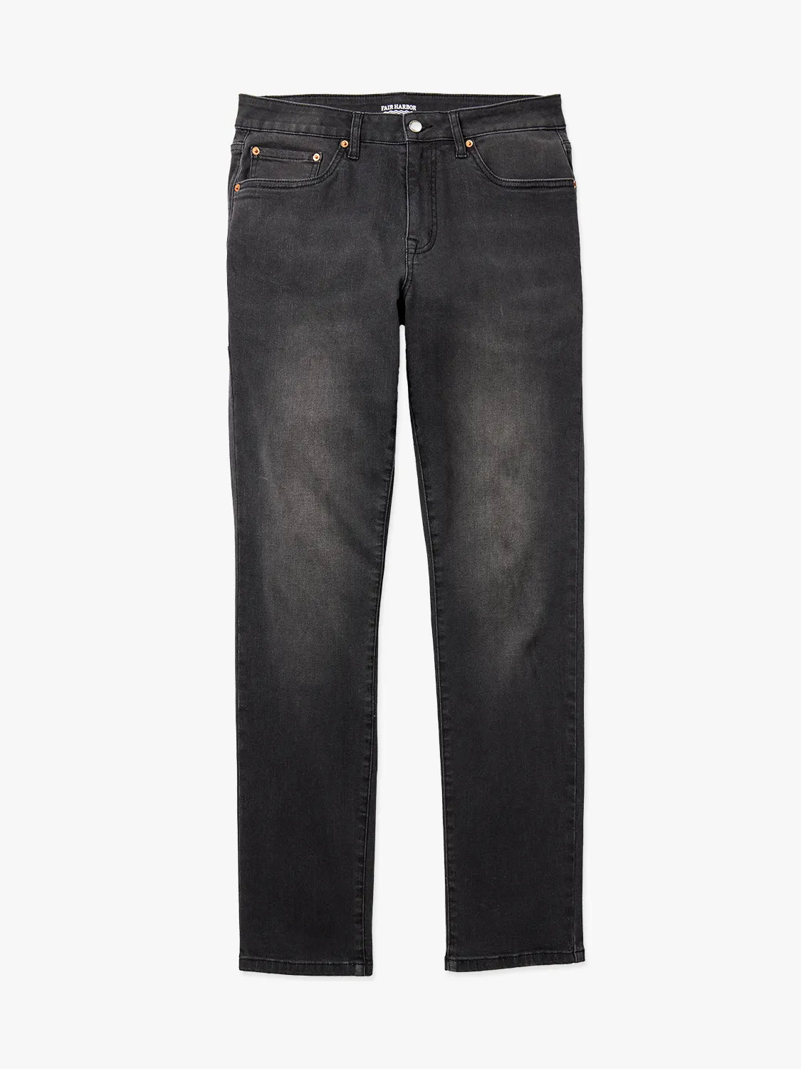 Black wash denim pants with a straight leg, five-pocket design, and copper-toned hardware details.