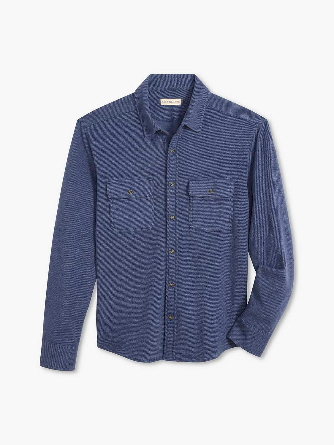Navy blue flannel shirt with button front, collar, and two chest pockets with flaps.