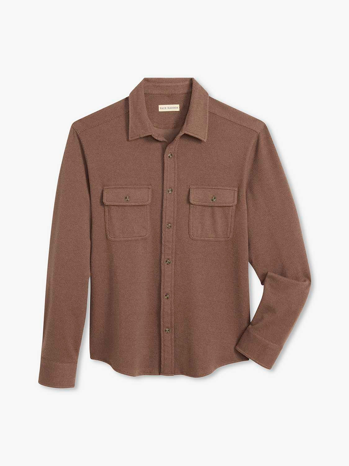 Espresso brown flannel shirt with long sleeves, button front, and two chest pockets displayed on white background.