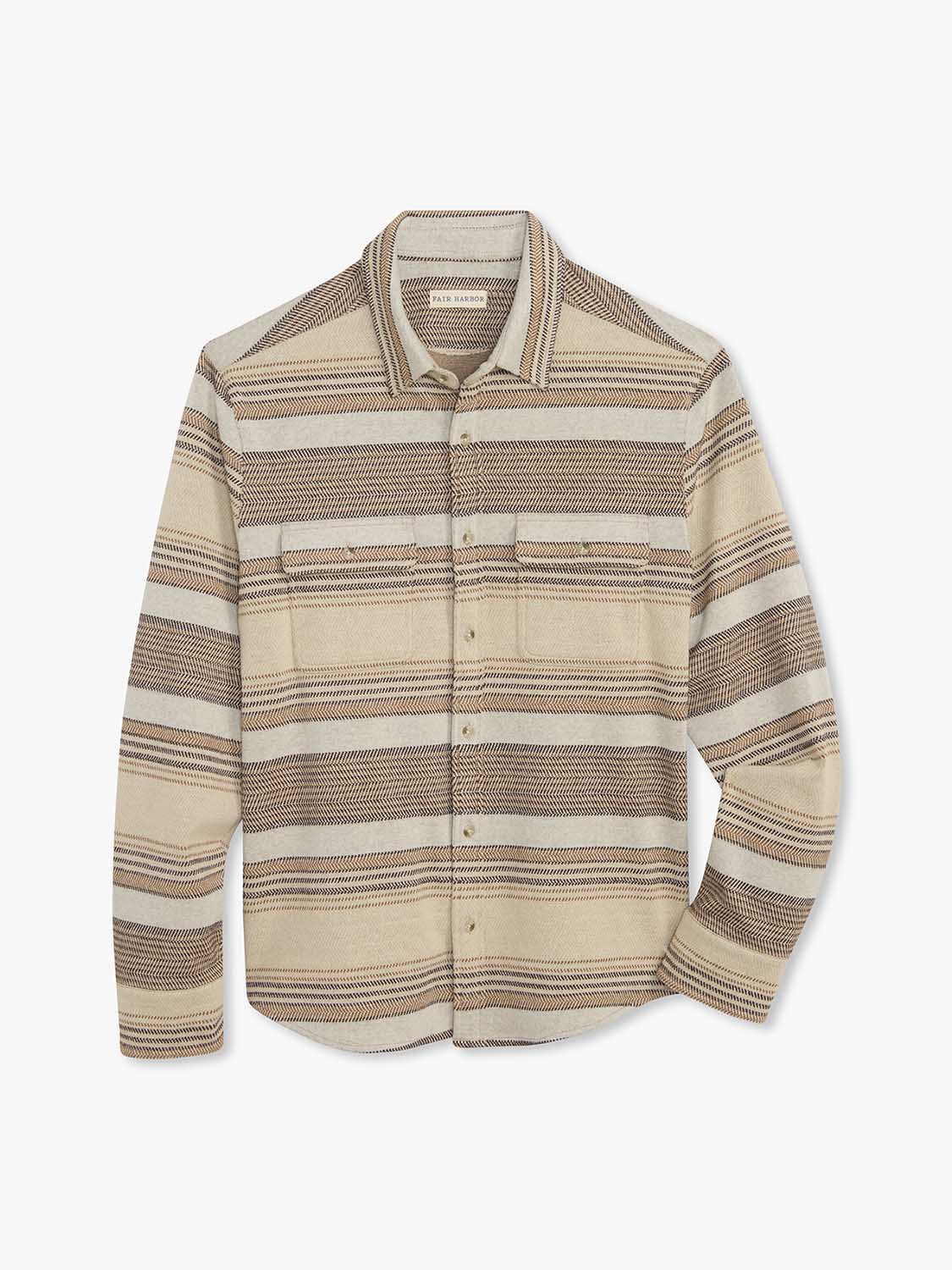 Beige and brown striped flannel shirt with horizontal stripes throughout and button front closure.