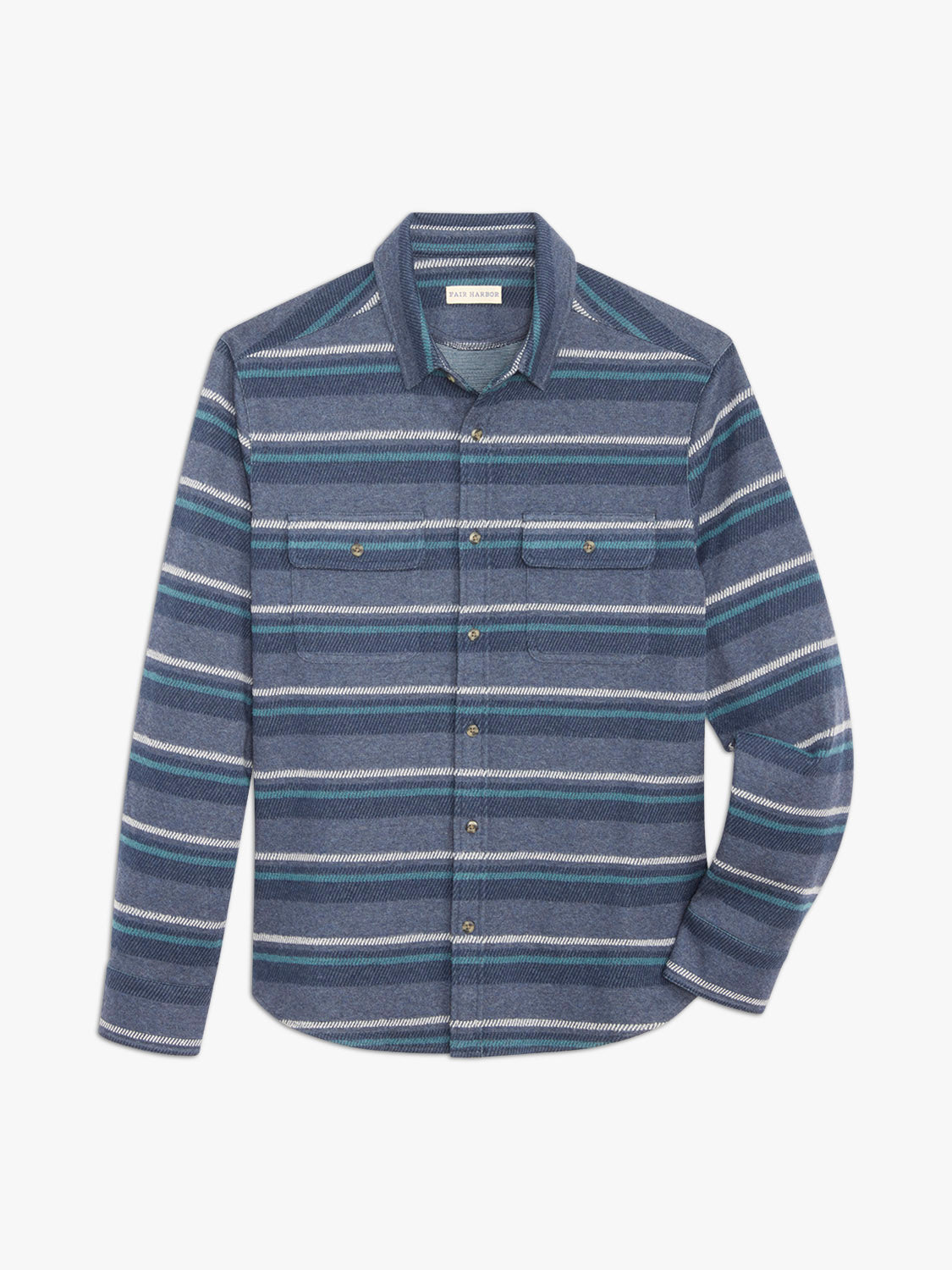 Blue flannel shirt with horizontal stripes in white, teal, and navy featuring button front closure.