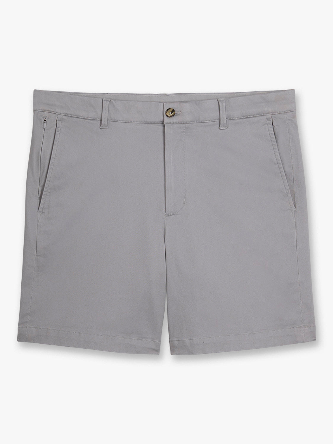 Gray cotton shorts with a flat front, button closure, and side pockets displayed on a white background.