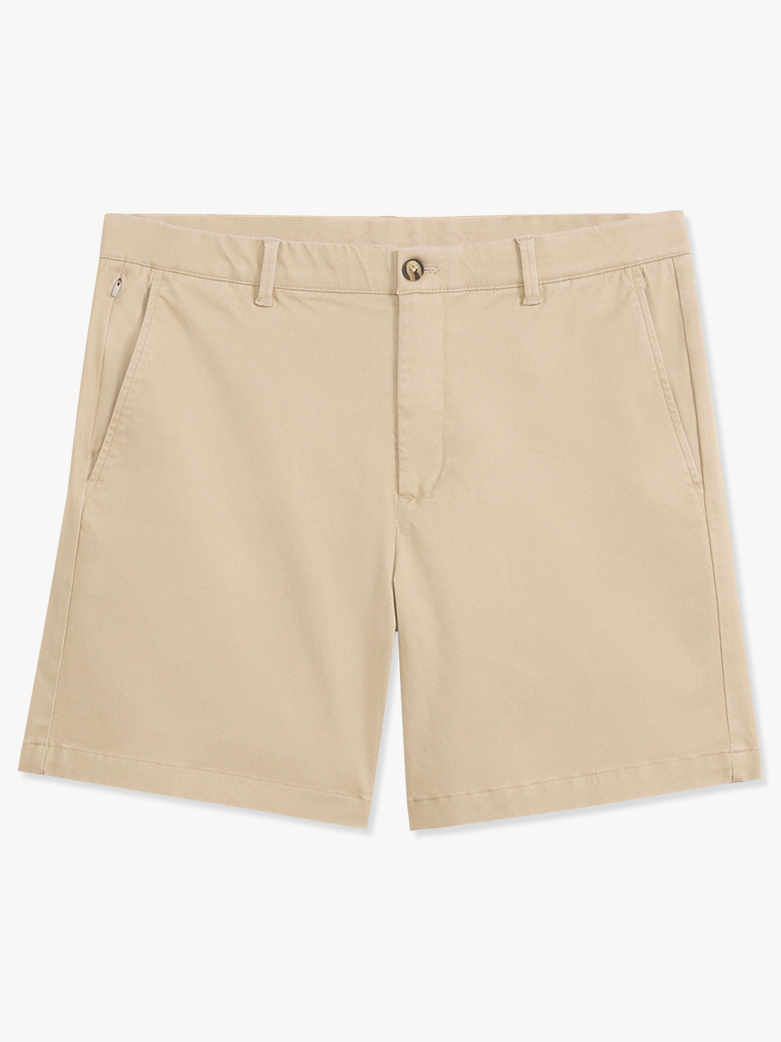 Khaki short with flat front, button closure, and side pockets displayed on light background.