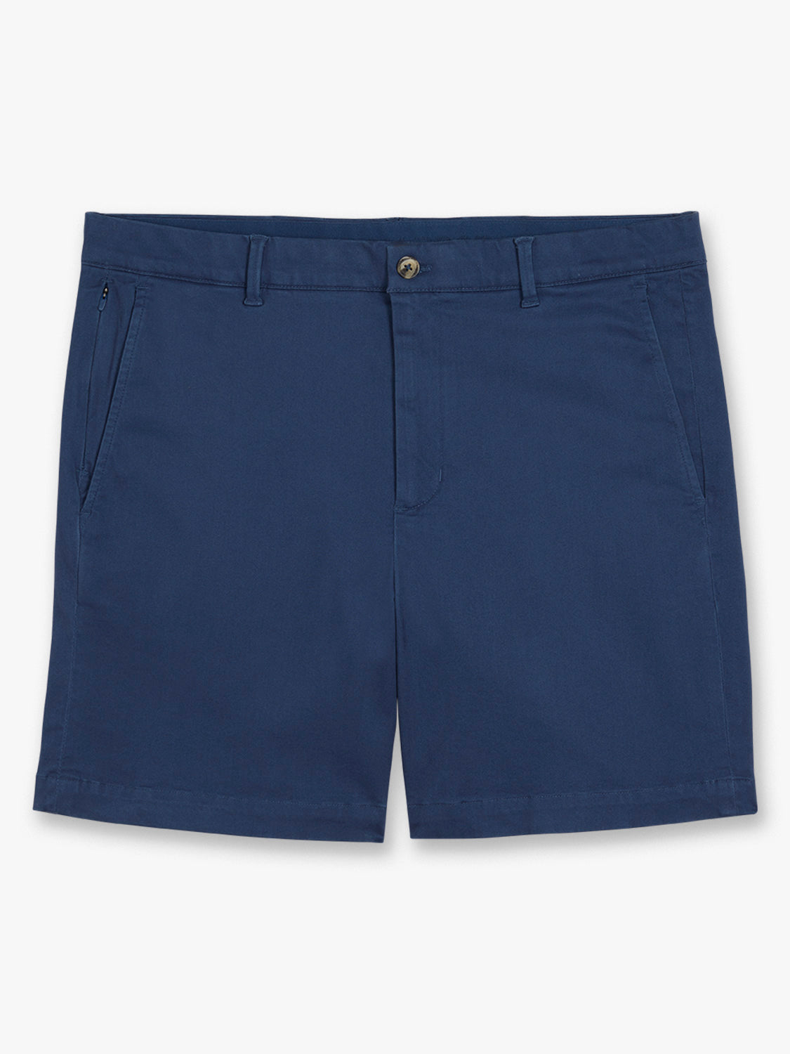 Navy blue shorts with a flat front, button closure, and side pockets displayed on a neutral background.