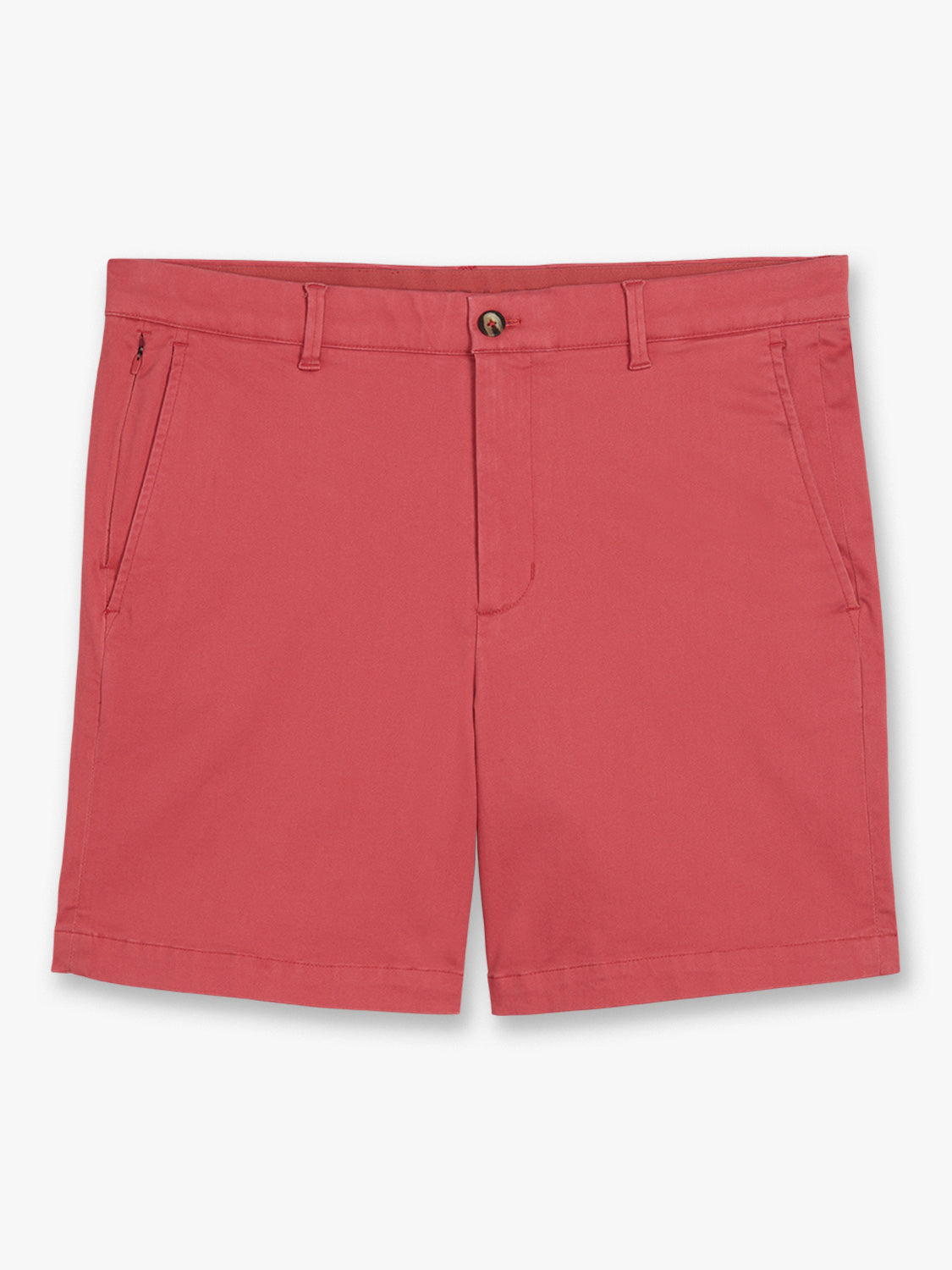 Washed red cotton shorts with front pockets, button closure, and mid-thigh length displayed flat against white background.