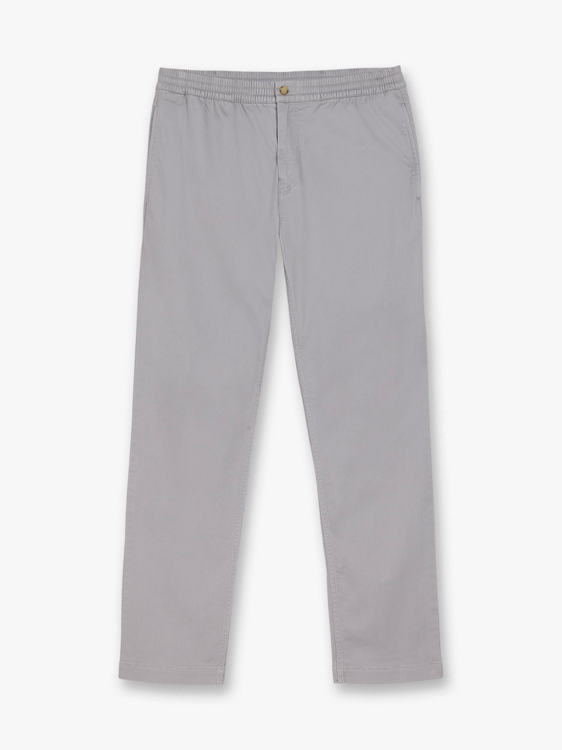 Light gray pull-on pants with an elastic waistband and a single front button closure.