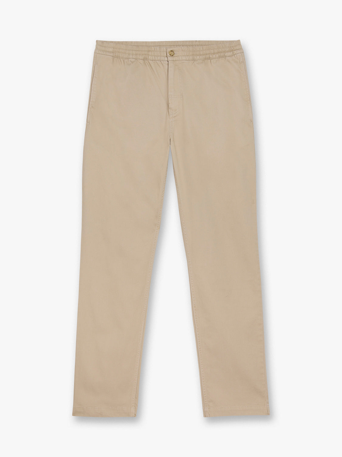 Khaki pull-on pants with an elastic waistband and single front button displayed flat against a white background.