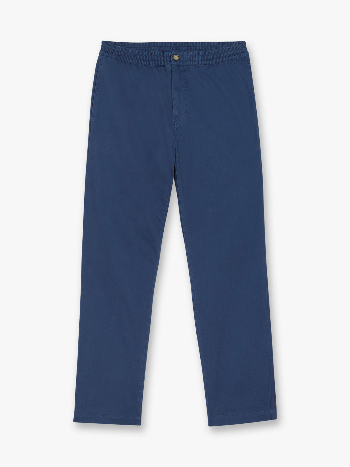 Navy pull-on pants with an elastic waistband and single button closure displayed against a white background.