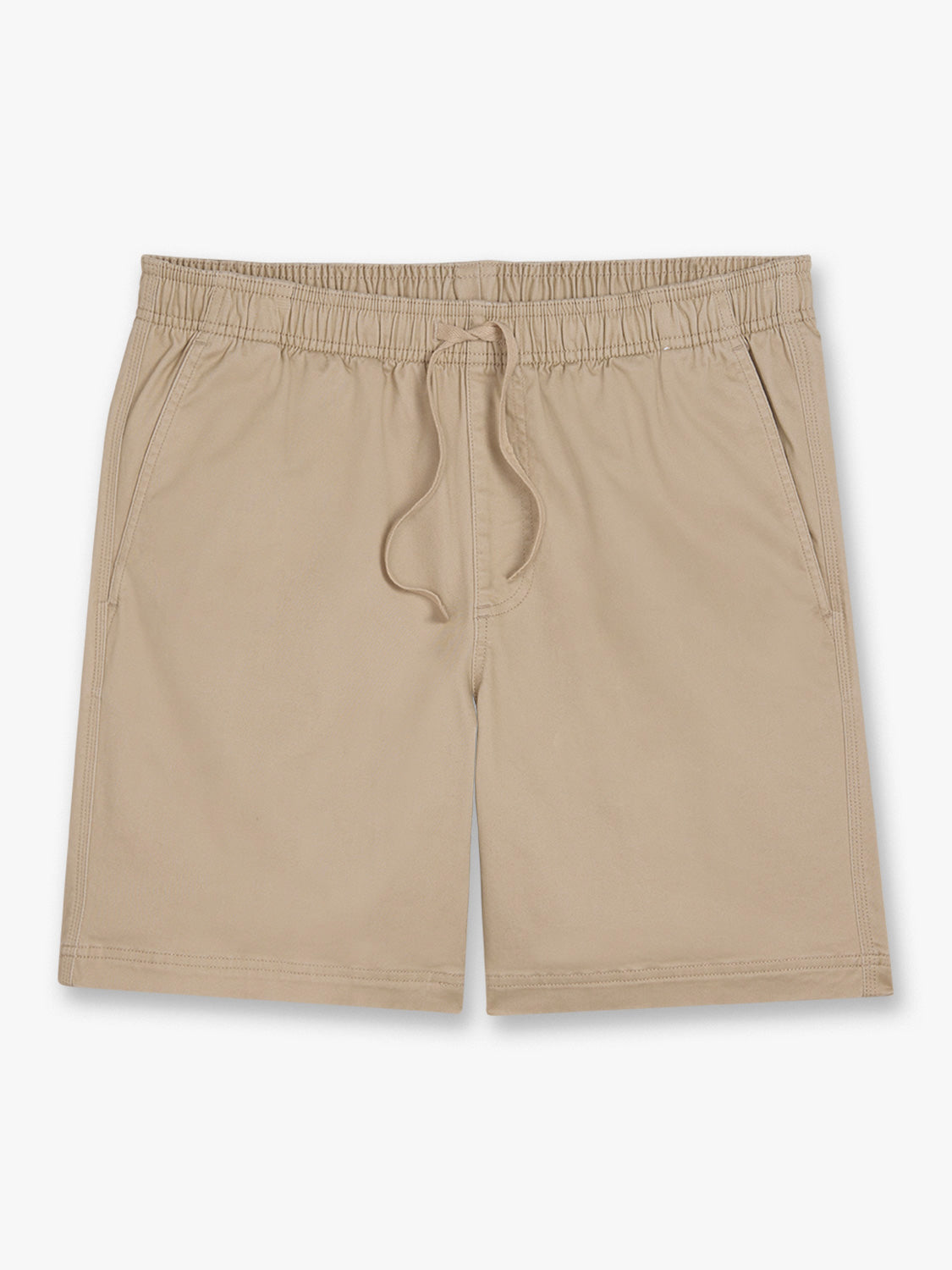 Khaki pull-on shorts with an elastic waistband and drawstring displayed flat against a white background.