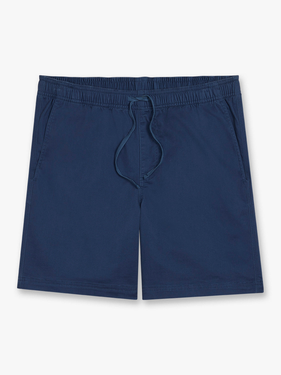 Navy pull-on shorts with an elastic waistband and drawstring closure displayed flat.