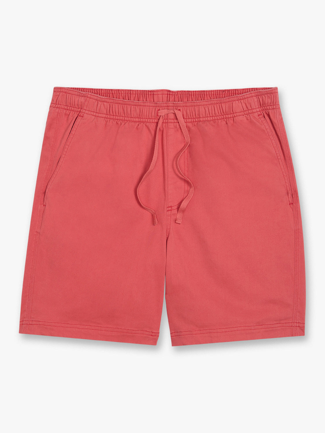 Washed red pull-on shorts with an elasticated waistband and drawstring closure displayed flat.