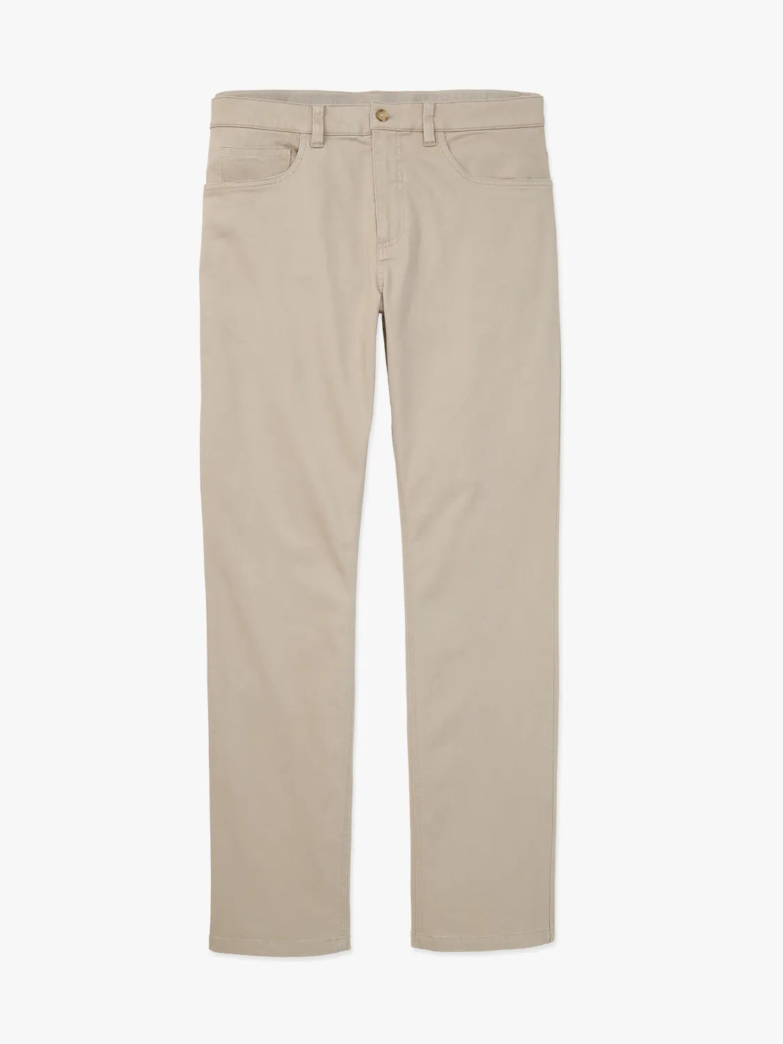 Khaki five-pocket pants with a flat front, button closure, and straight leg silhouette.
