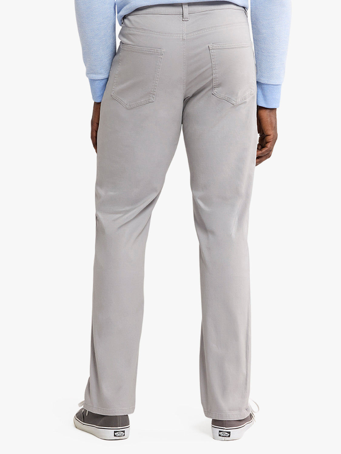 Back view of light gray five-pocket pants with visible rear pockets and belt loop.