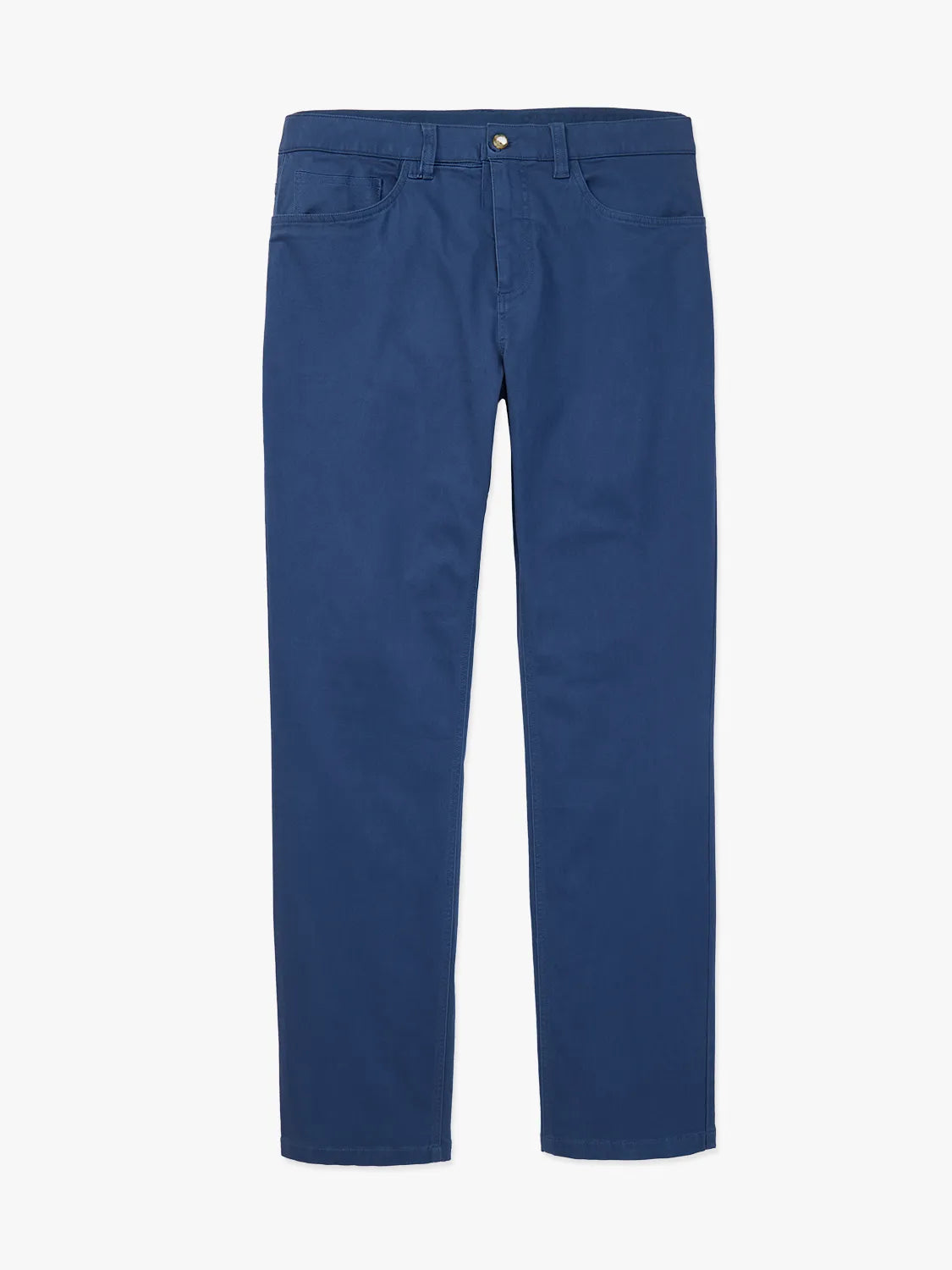 Navy five-pocket pants with a flat front and button closure displayed on a white background.