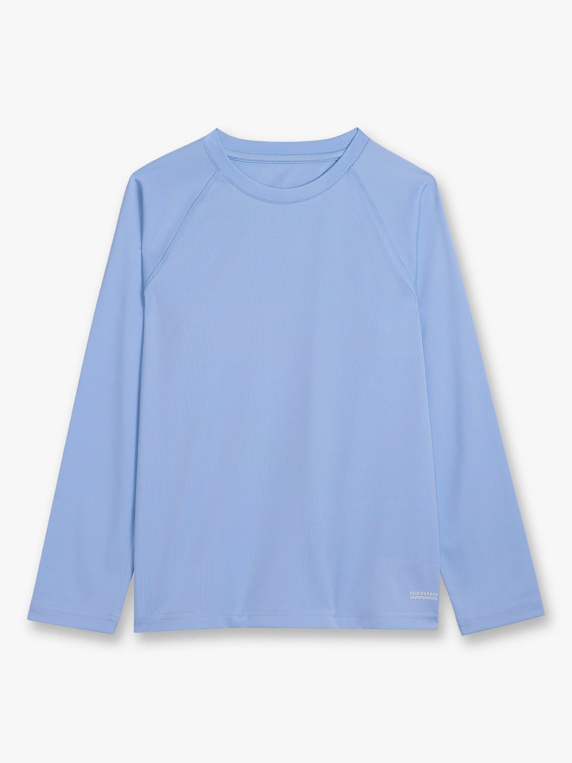 Light blue long-sleeved rashguard for kids with crew neckline and raglan sleeves displayed flat.