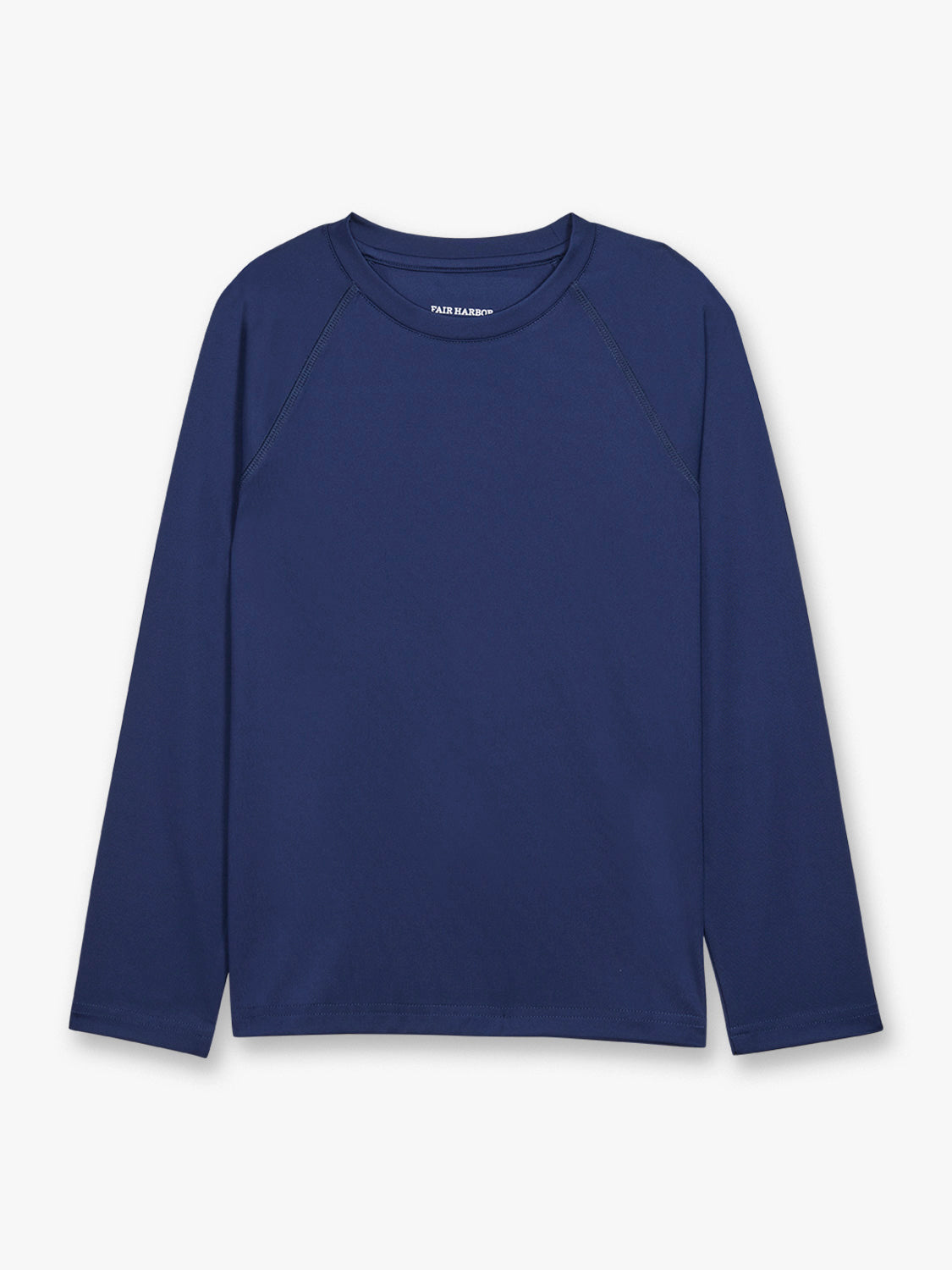 Navy blue long-sleeved rashguard with crew neckline and flat seams displayed on neutral background.