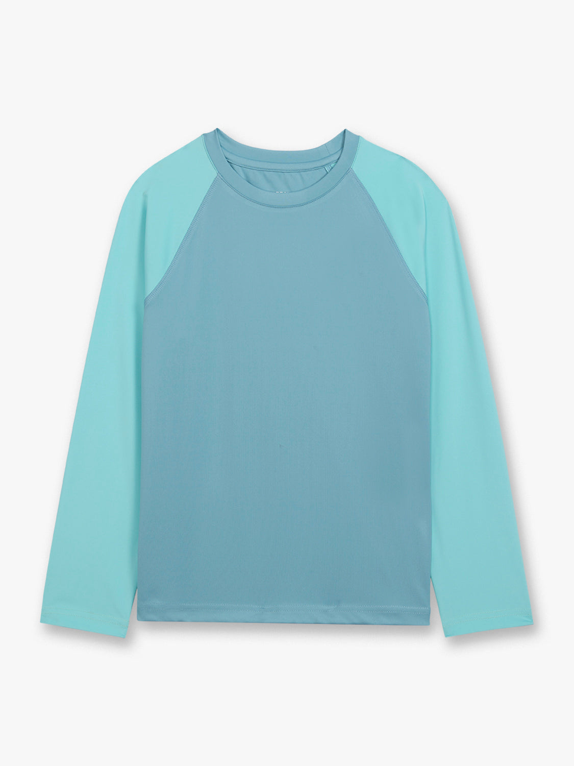Bay blue children's rashguard with long sleeves and two-tone colorblock design displayed on white background.