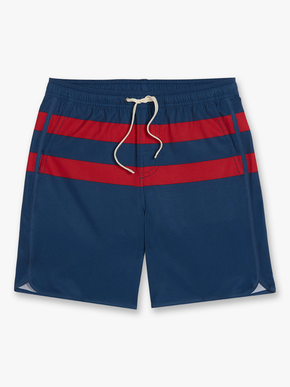 Navy and red striped children's swim trunk with drawstring waistband and side vents.