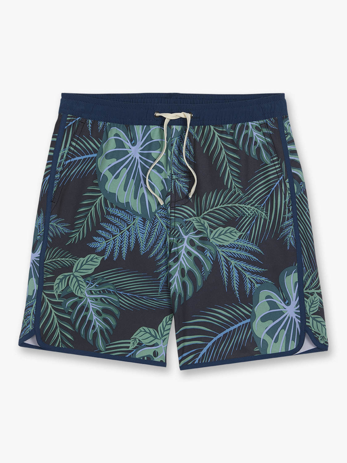 Navy swim trunks with evergreen tropical leaf print and cream drawstring waistband.