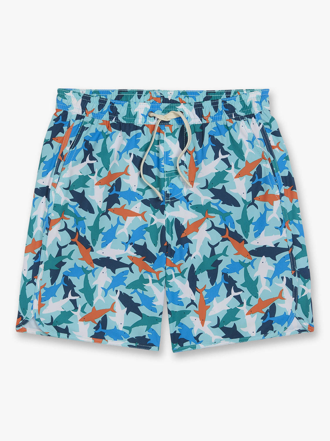 Children's swim trunks featuring a multicolored allover shark print in blue, teal, orange, and white.
