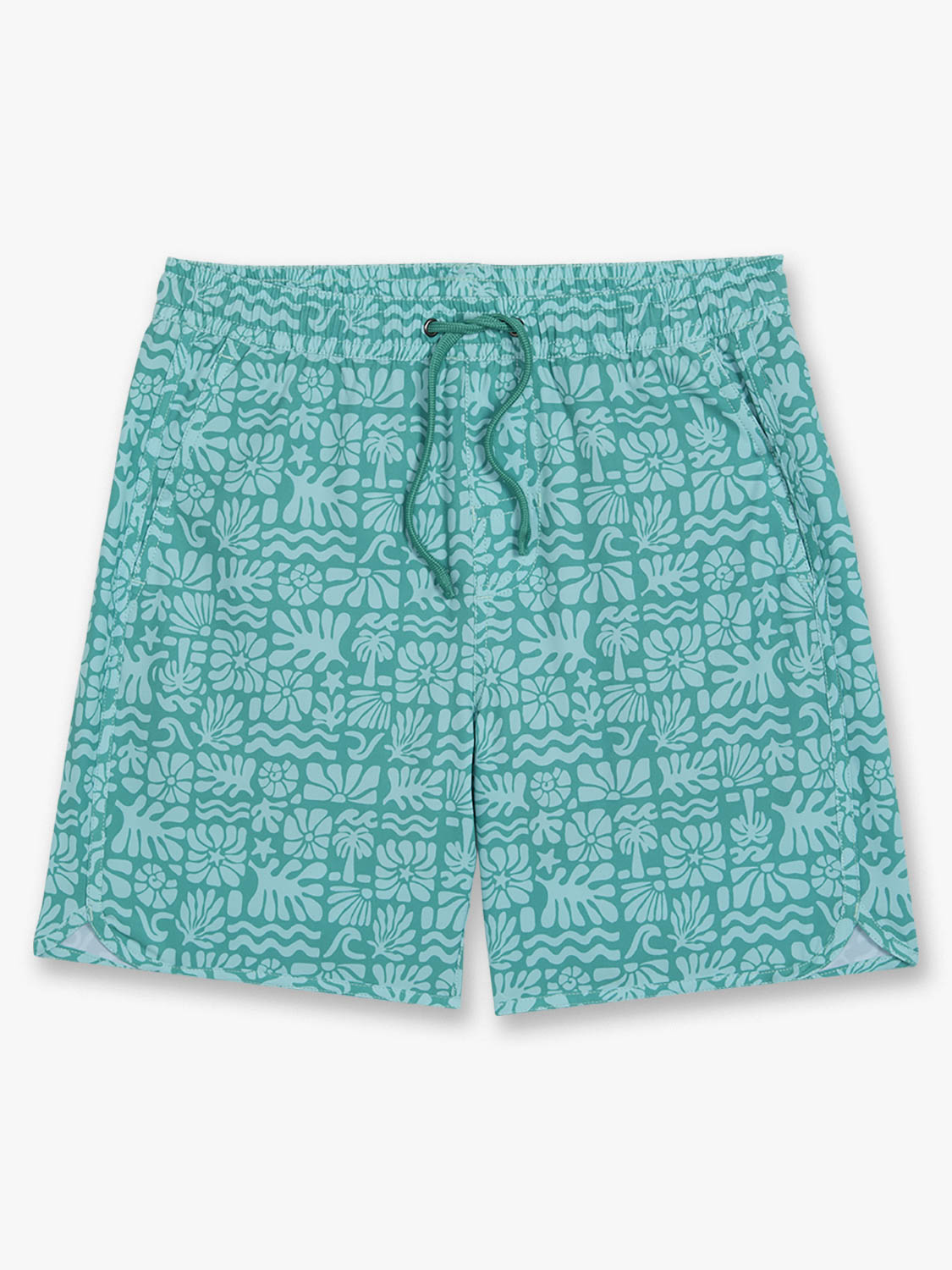 Turquoise swim trunks with seafaring print featuring anchors, shells, waves, and coral motifs throughout.