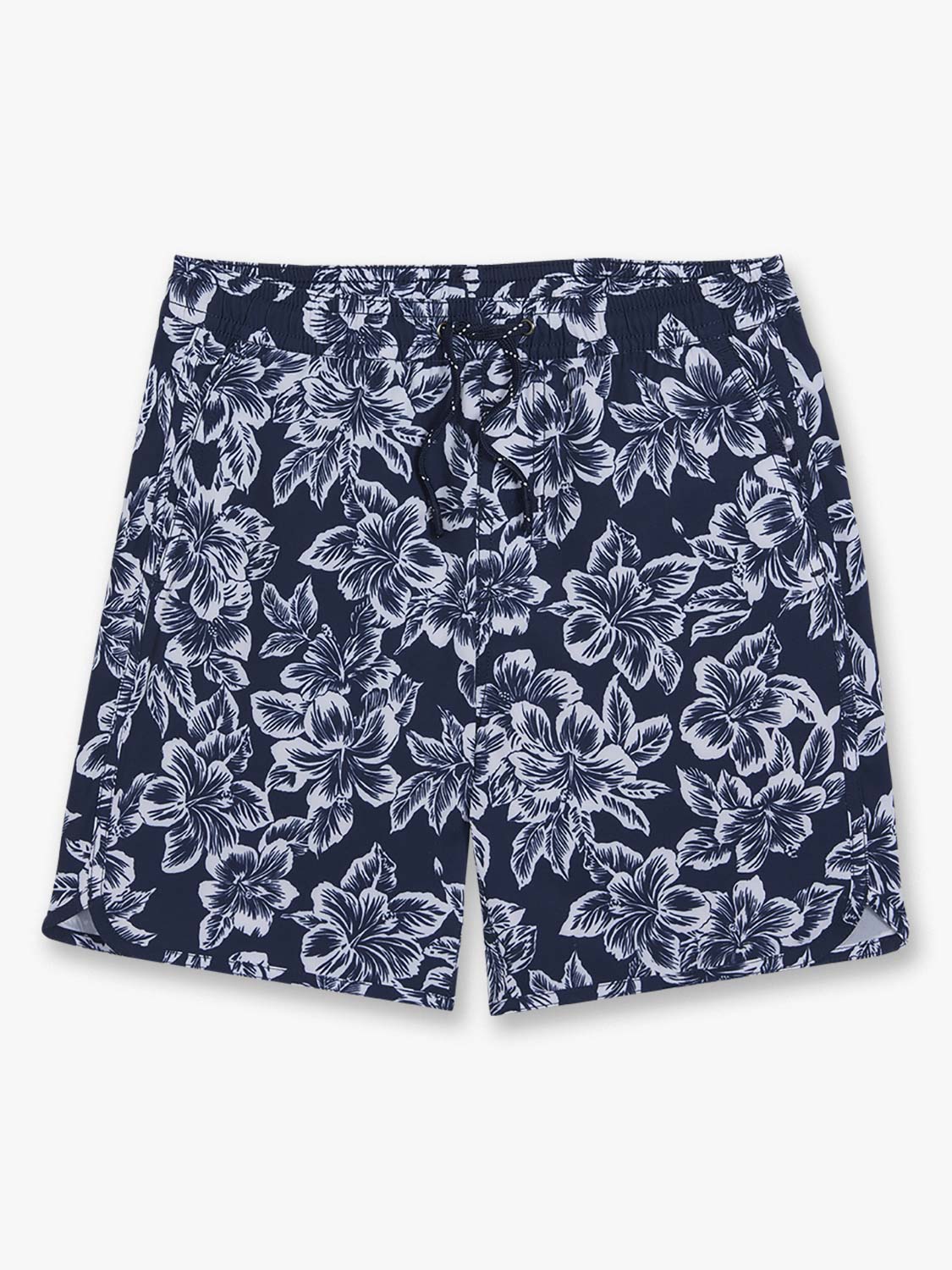 Navy shorts with white botanical flower and leaf print throughout the fabric.