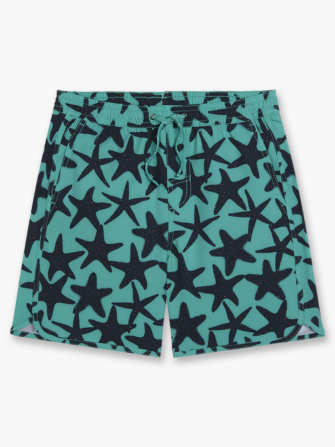 Turquoise swim trunk with dark navy starfish pattern throughout and elastic waistband with drawstring.