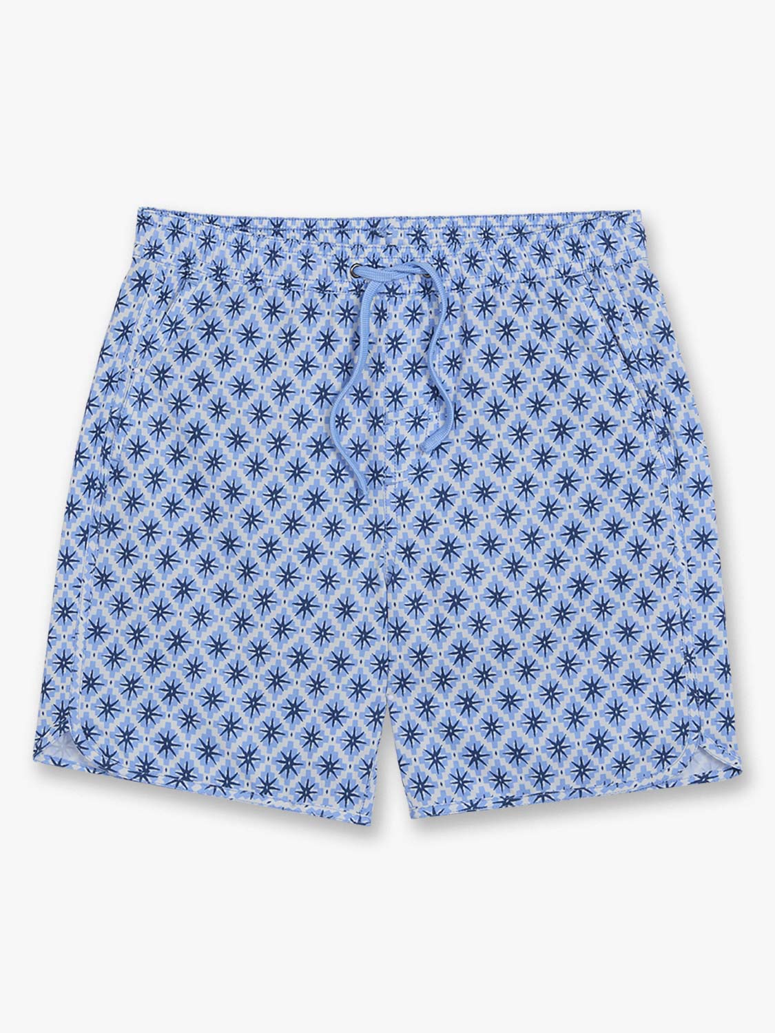 Light blue swim shorts with an all-over dark blue star pattern and drawstring waist.