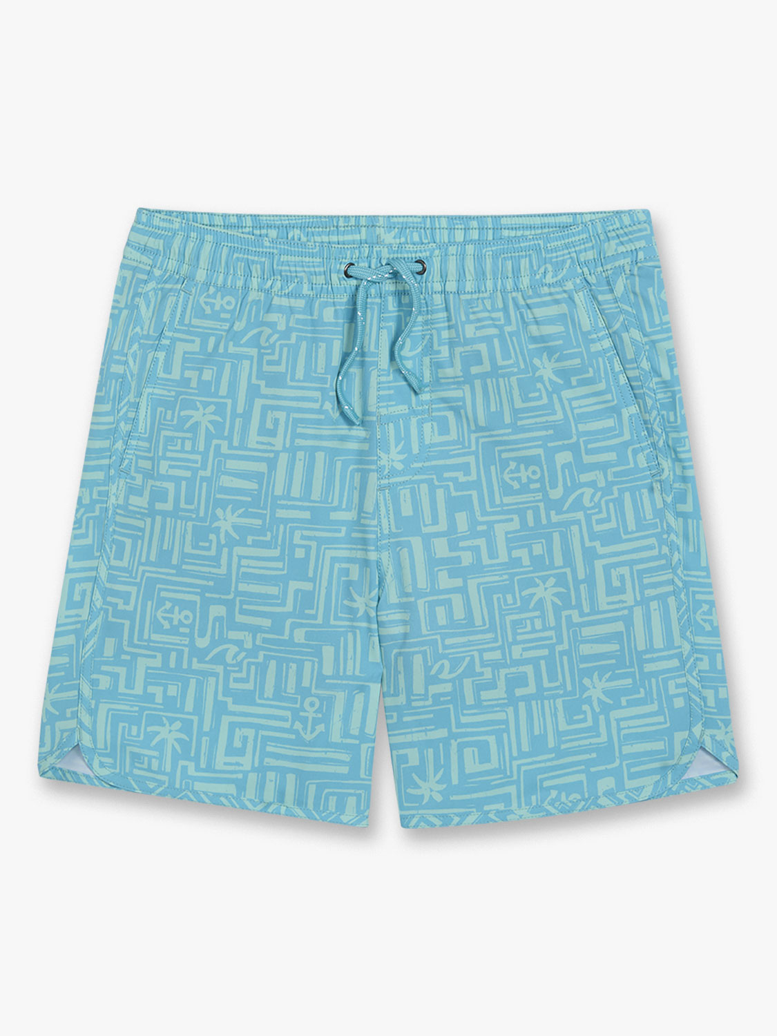 Turquoise swim trunk with geometric and graffiti-style sea pattern design featuring an adjustable drawstring waist.