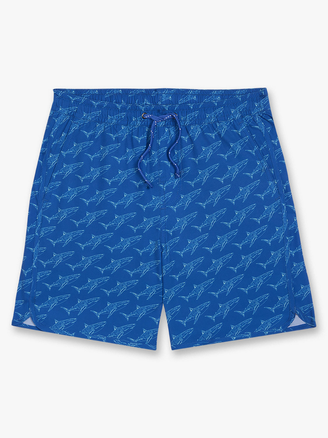 Blue swim shorts with an all-over shark pattern and a drawstring waist closure.