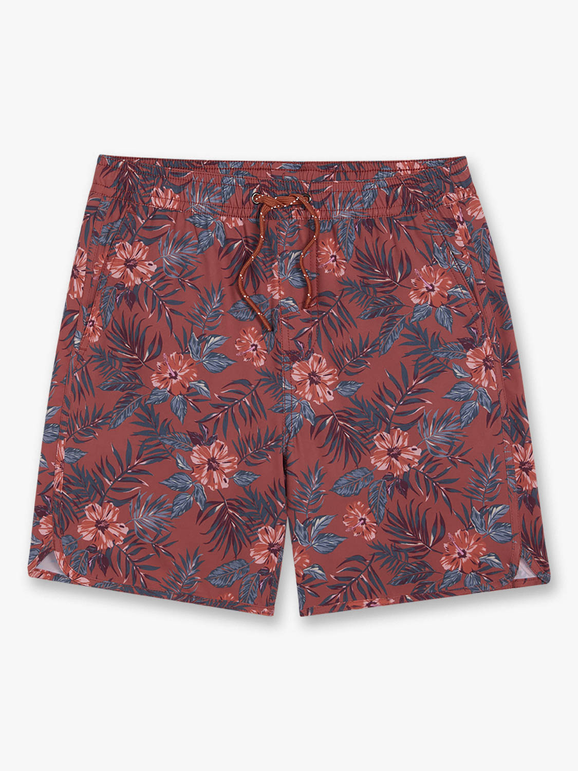 Red swim trunks with an all-over tropical floral and leaf pattern in navy and coral tones.