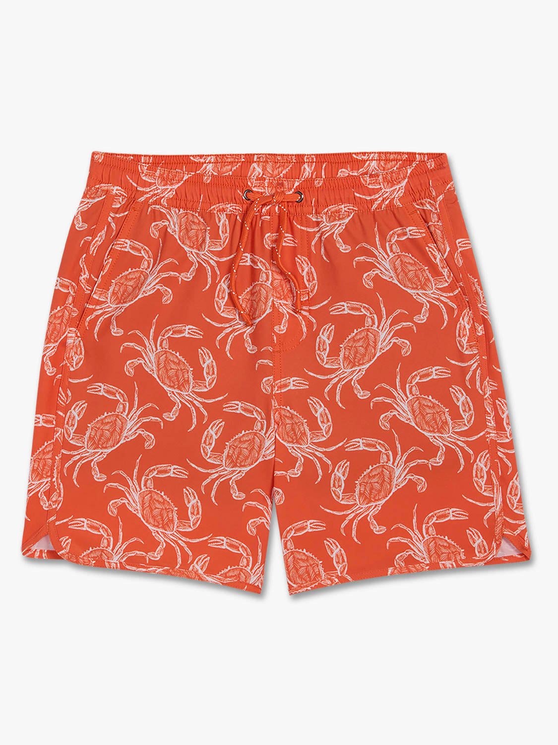 Orange swim trunks with white crab print pattern and drawstring waist closure.