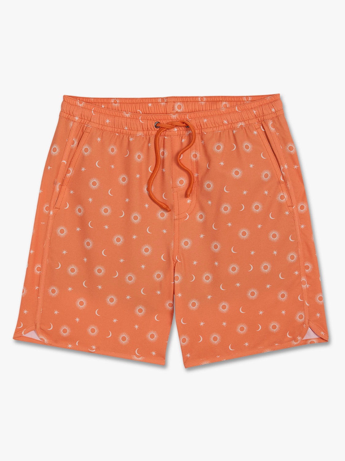 Orange shorts with printed sun, moon, and star pattern throughout, featuring a drawstring waist.