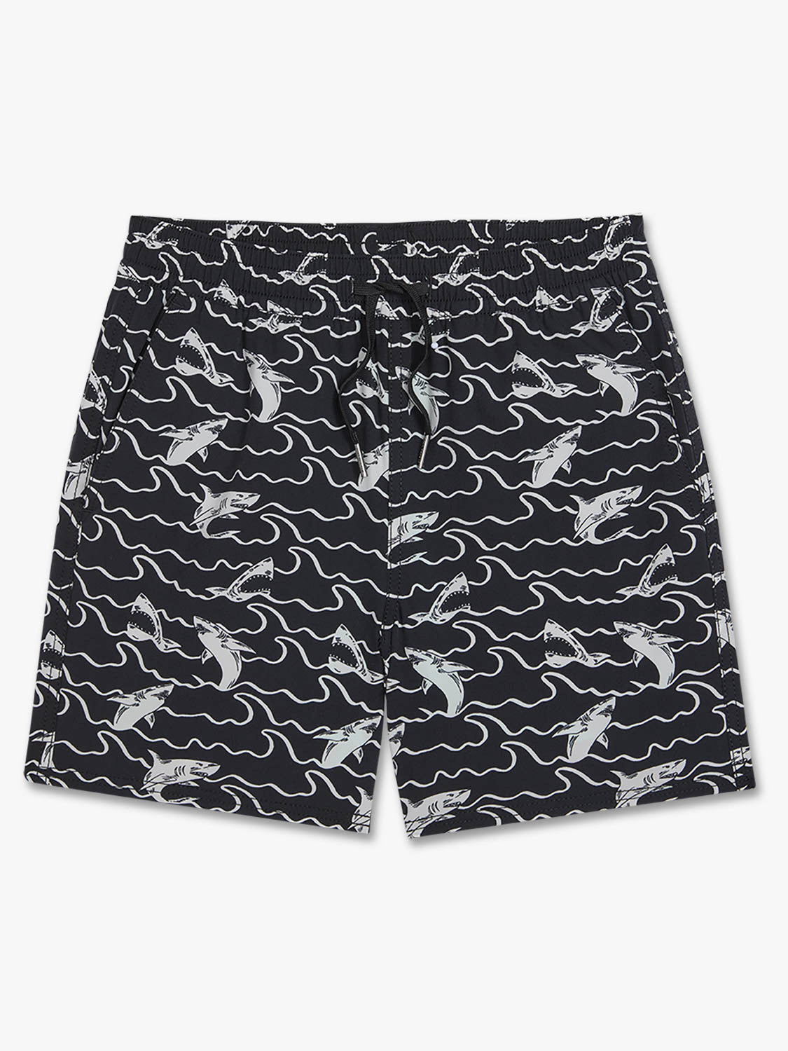 Black swim shorts with white shark and wave pattern throughout the fabric.