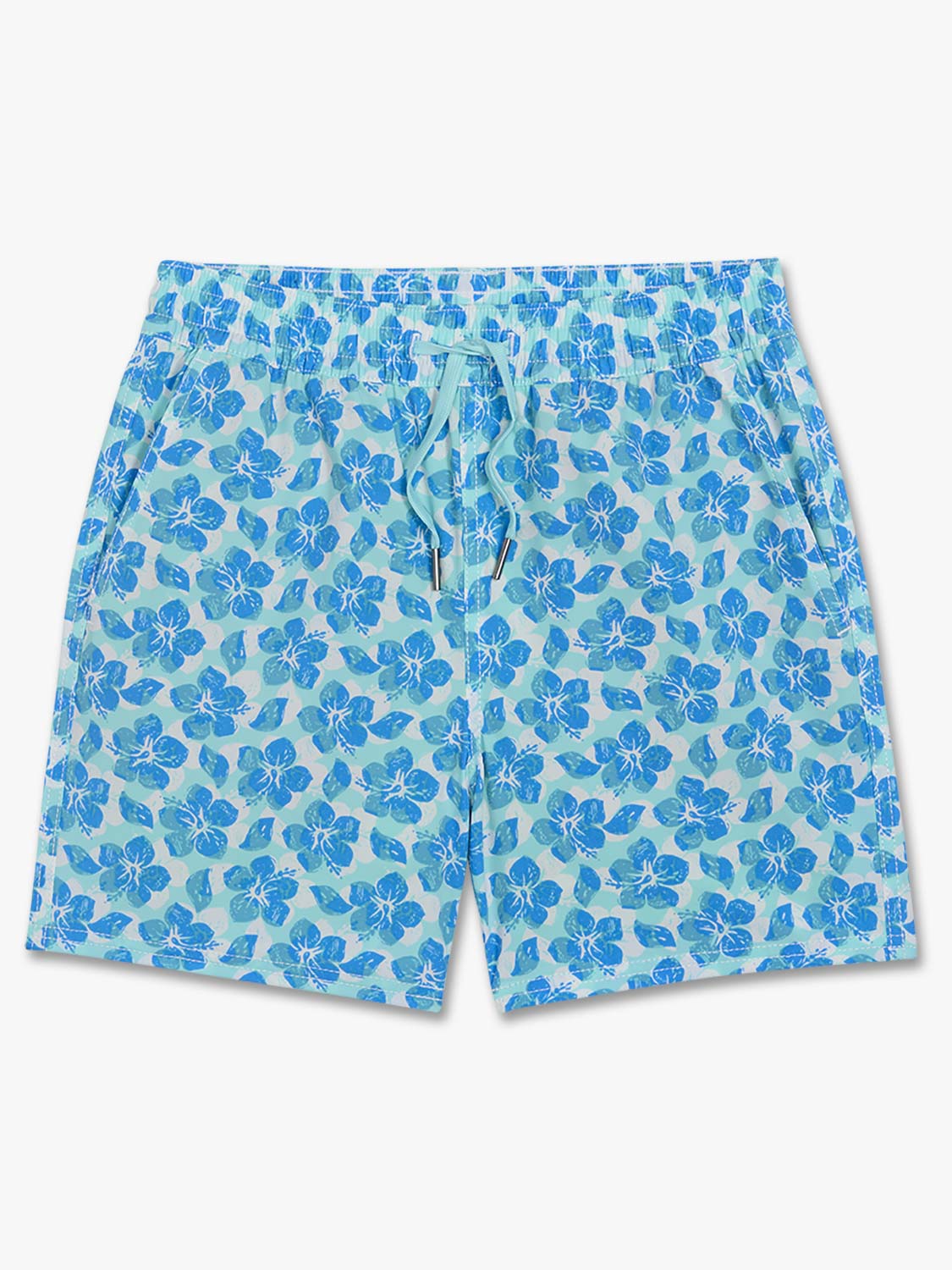 Turquoise swim trunks with blue and teal hibiscus flower print throughout and drawstring waist.