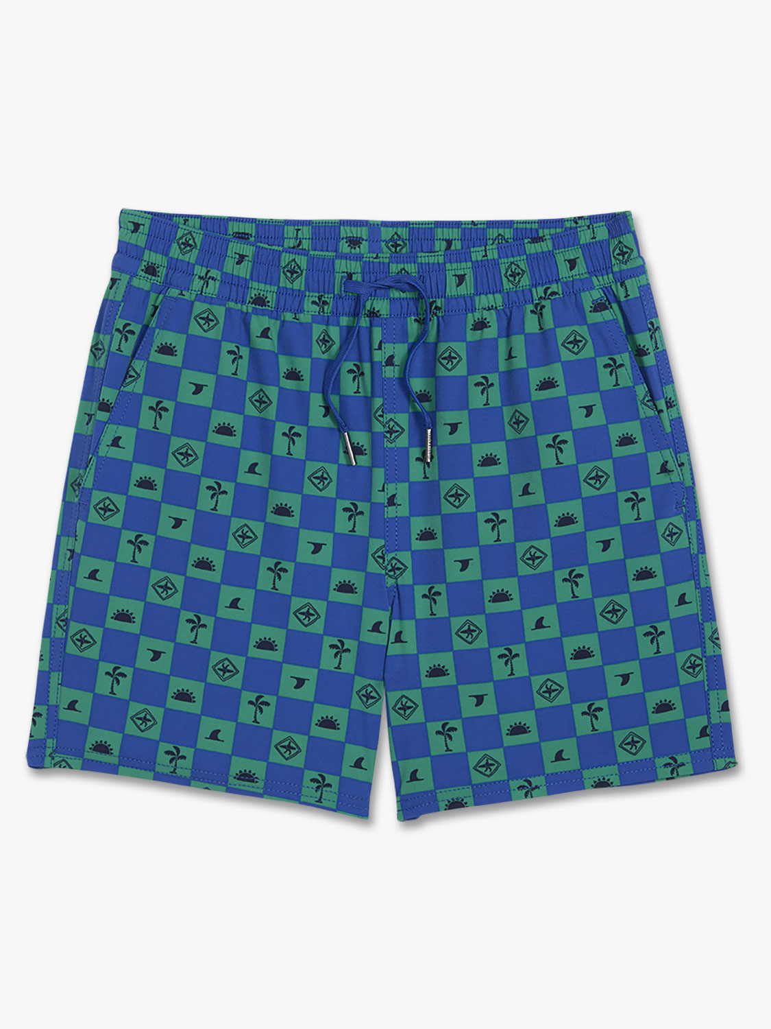 Blue and green checkered swim shorts with palm trees, crowns, and geometric patterns throughout.