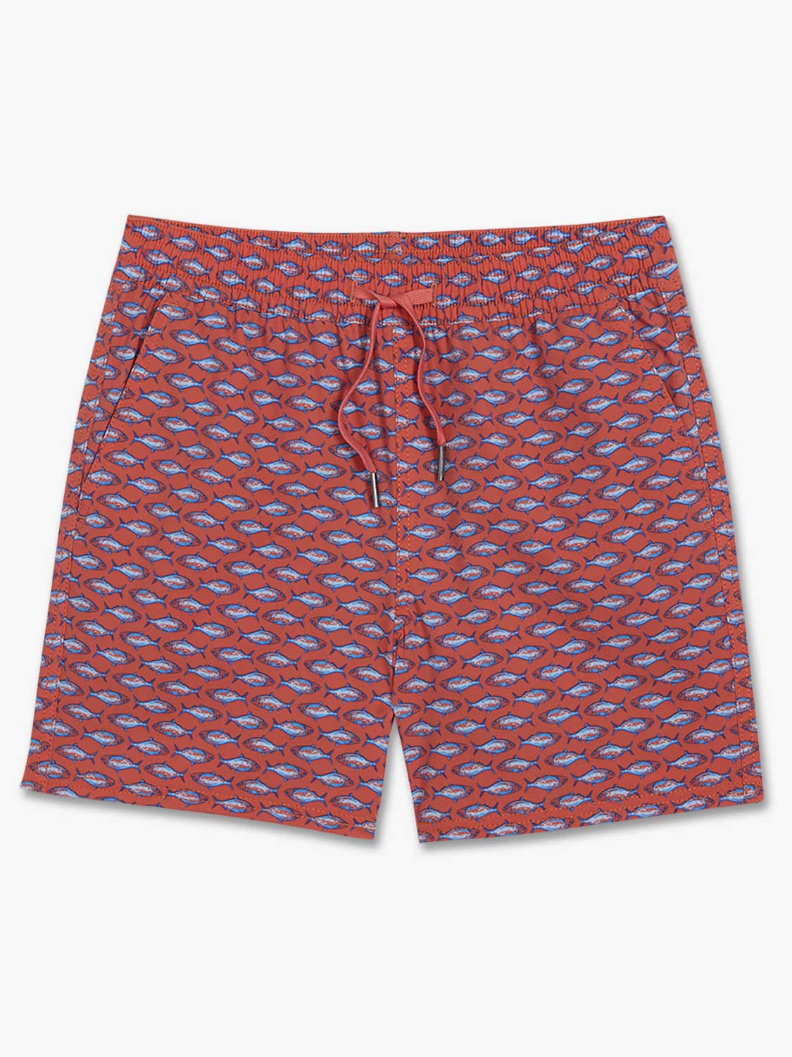 Orange swim shorts with an all-over blue tuna fish print and a drawstring waist closure.