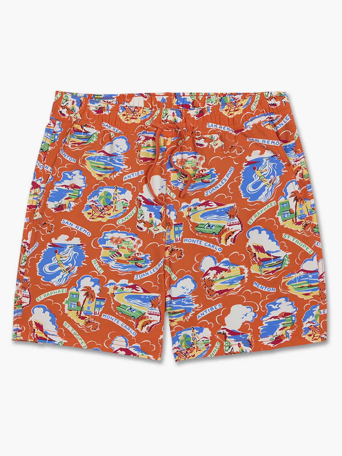 Red shorts with colorful beach and vacation-themed print including boats, clouds, and text patterns throughout.