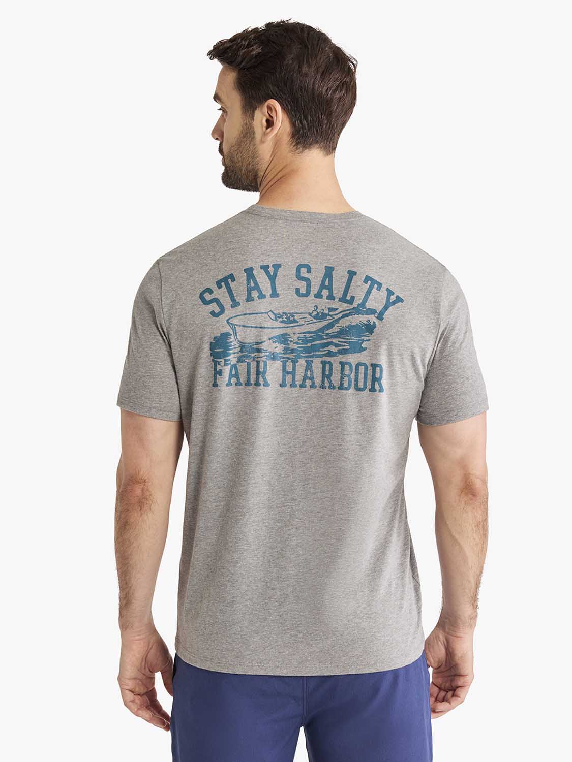 Heather grey t-shirt with teal boat graphic and 