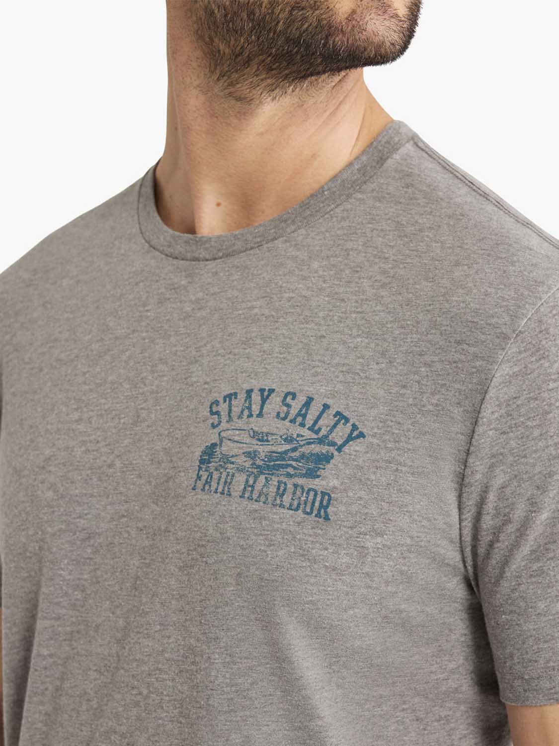 Heather grey t-shirt with teal boat graphic and 