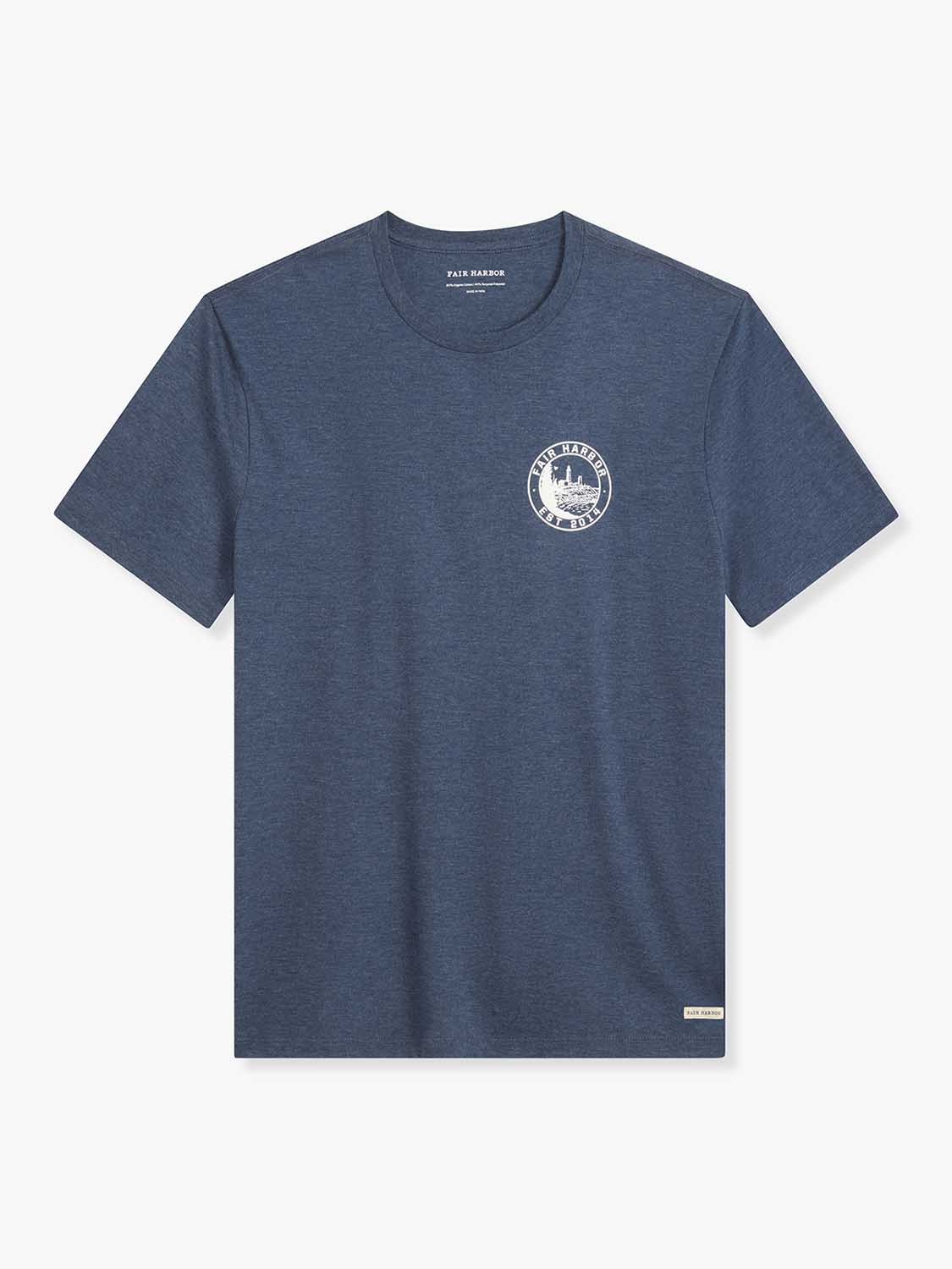 Blue short-sleeve t-shirt with a circular lighthouse stamp graphic on the chest.