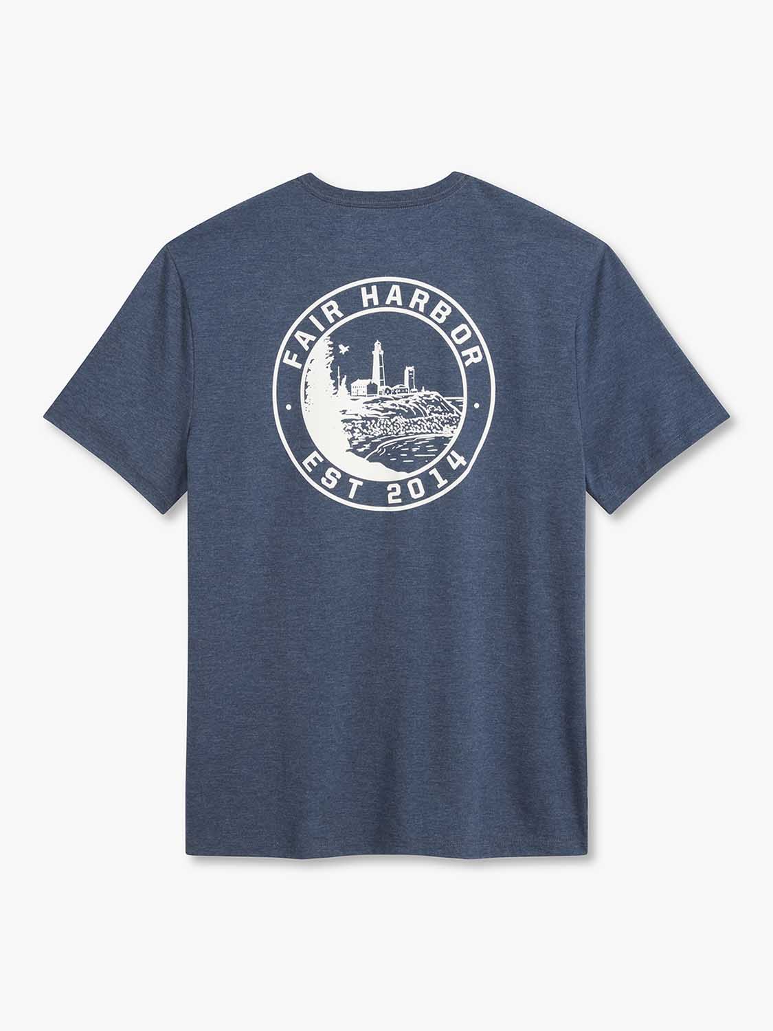 Dark blue short-sleeve t-shirt with white circular lighthouse stamp graphic and 