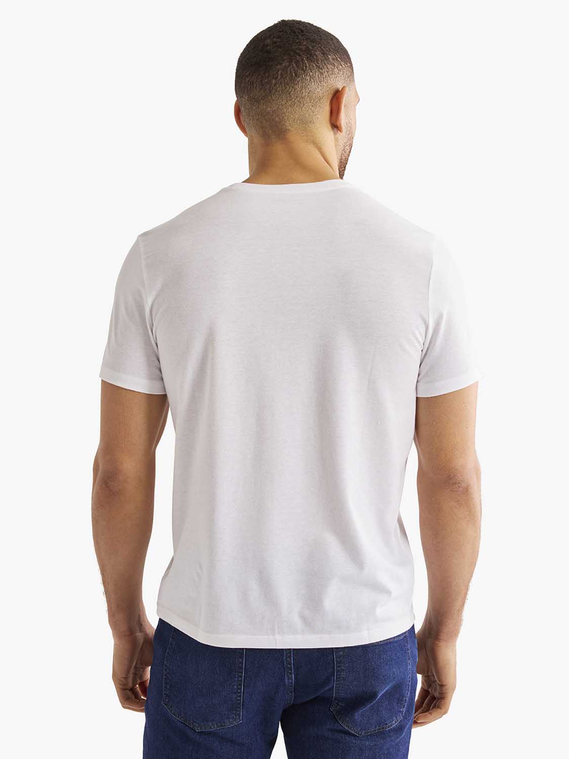 Man wearing a white short-sleeved crew neck t-shirt, shown from behind with dark jeans.