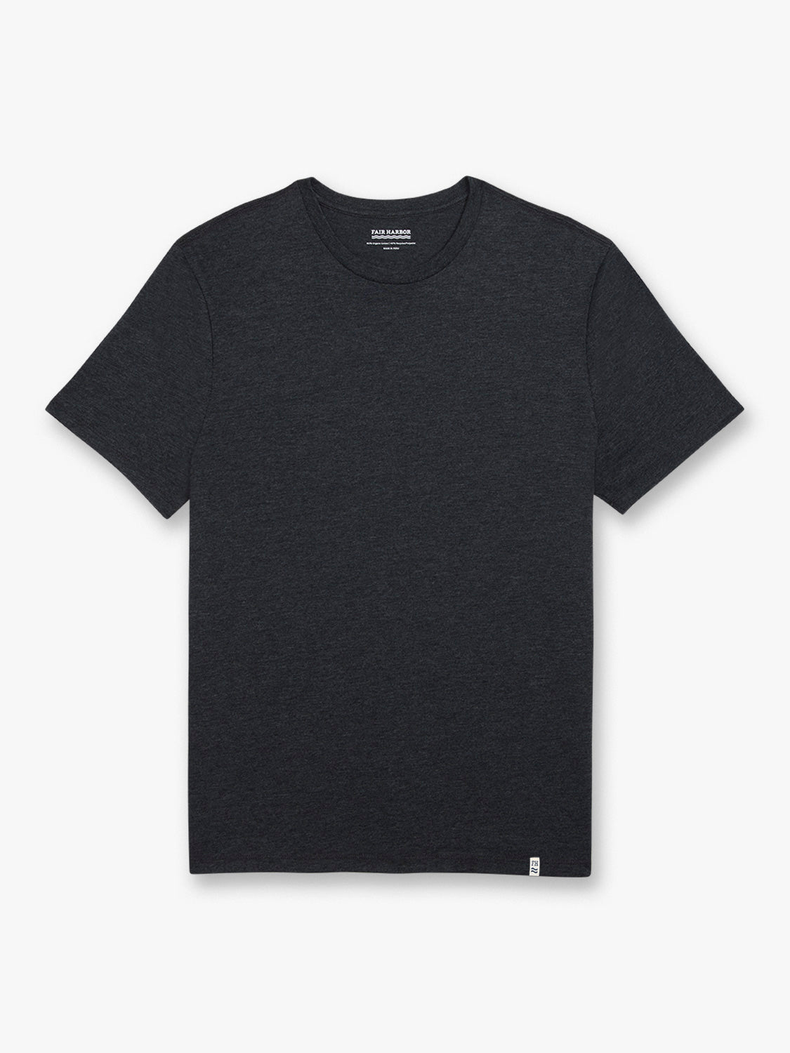 Black short-sleeved crewneck tee with a heathered texture displayed flat against a white background.