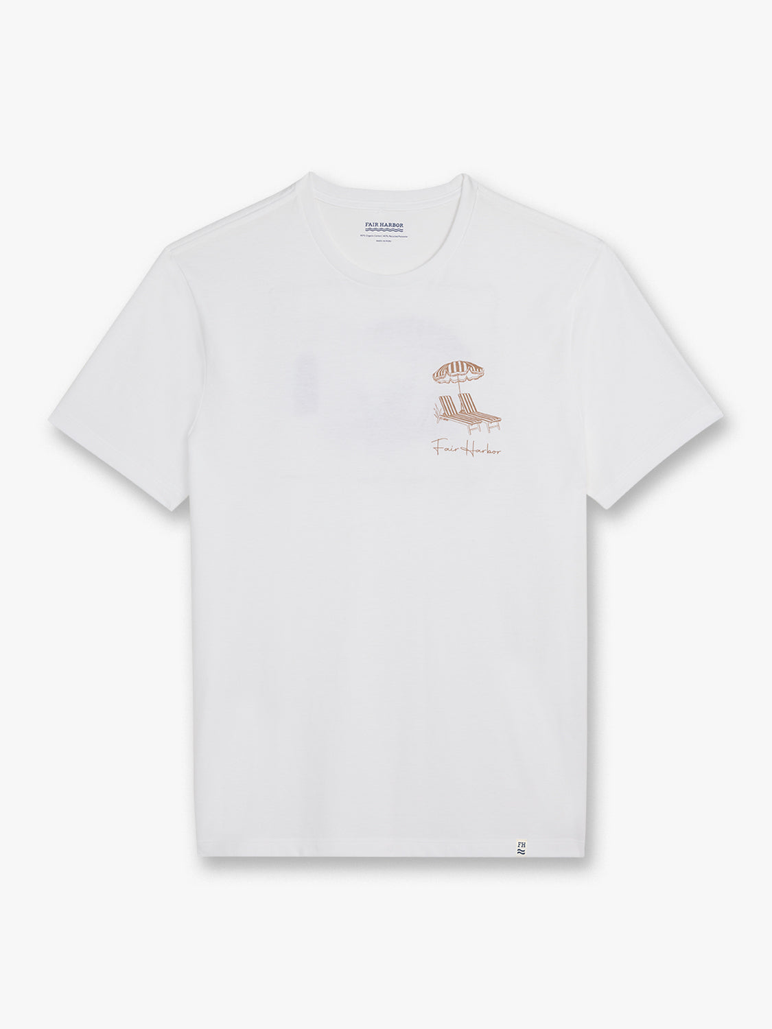 White short-sleeve t-shirt with small graphic design featuring beach umbrella and chair illustration.