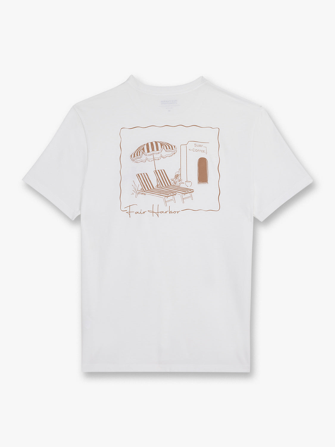 Cream colored short-sleeve t-shirt with a brown line-drawn graphic depicting a beach umbrella, lounge chair, and iced coffee cup.