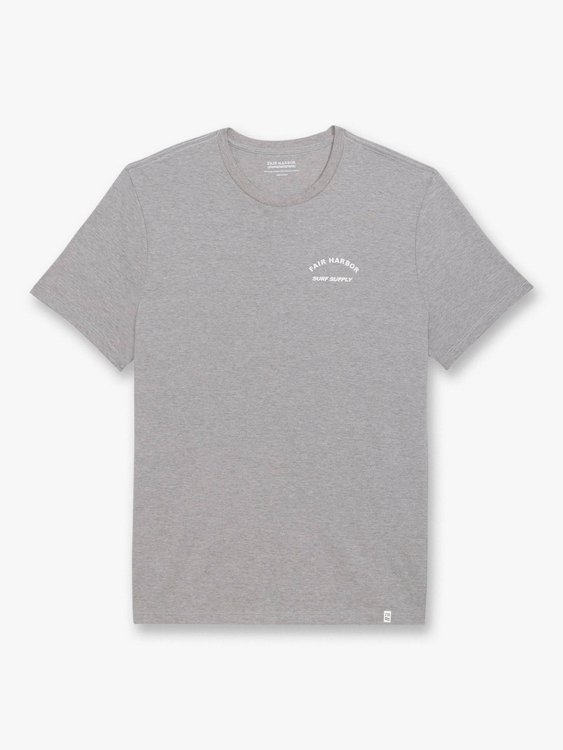 Gray crewneck short-sleeve t-shirt with Fair Harbor Surf Supply text printed on chest.