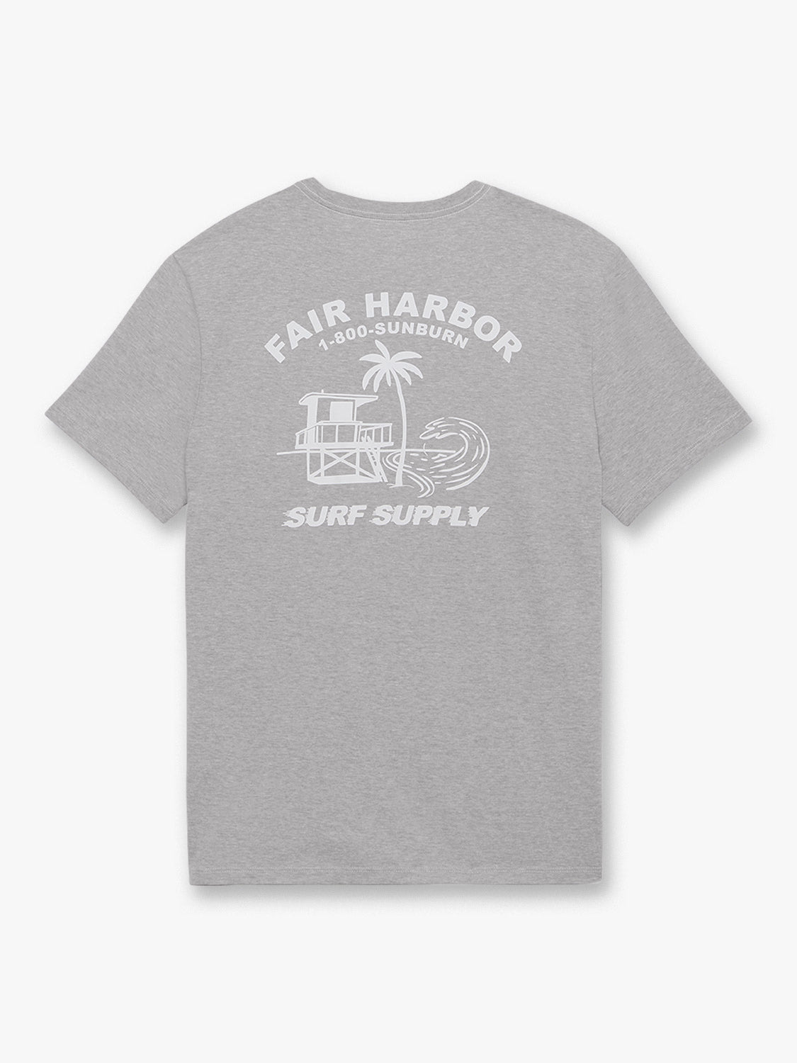 Gray crew neck t-shirt with white Fair Harbor Surf Supply graphic printed on back.