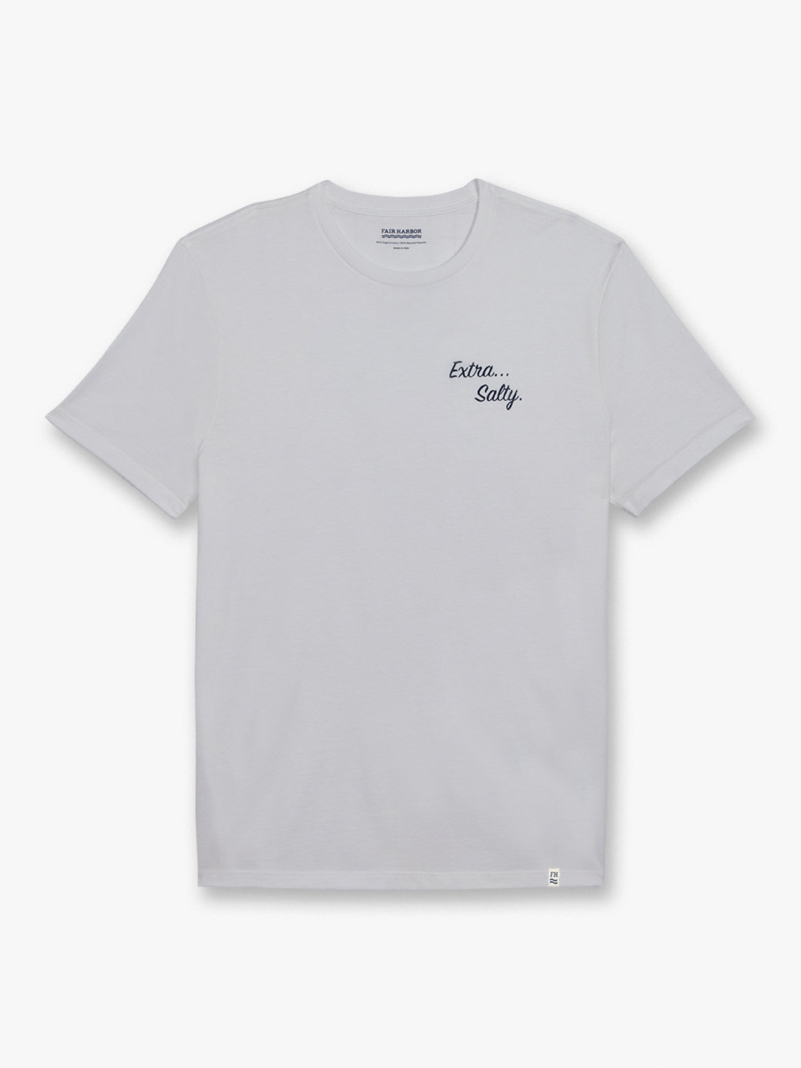 White short-sleeve crewneck tee with black script text reading 